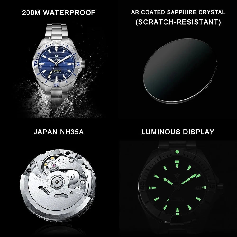 CADISEN C8218M NH35 Men's Automatic Sports Watch – 200M Waterproof Diver Wristwatch with Stainless Steel Case & Sapphire Crystal by Luxe Ahmar – Available at LUXE AHMAR