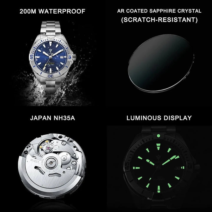 CADISEN C8218M NH35 Men's Automatic Sports Watch – 200M Waterproof Diver Wristwatch with Stainless Steel Case & Sapphire Crystal by Luxe Ahmar – Available at LUXE AHMAR