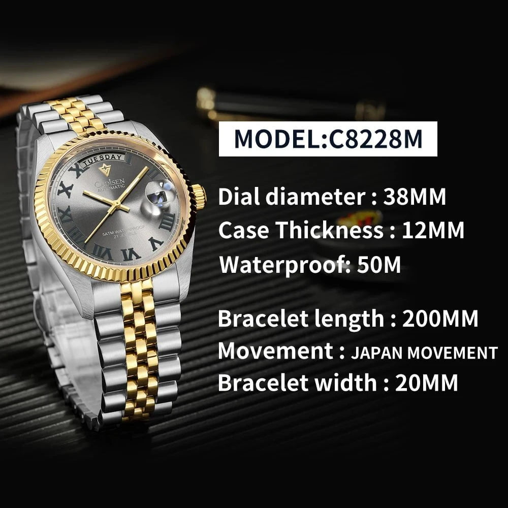 CADISEN DD38 2024 Luxury Men's Automatic Watch – MIYOTA Mechanical Movement, Sapphire Glass, Stainless Steel, Week Display by Luxe Ahmar – Available at LUXE AHMAR