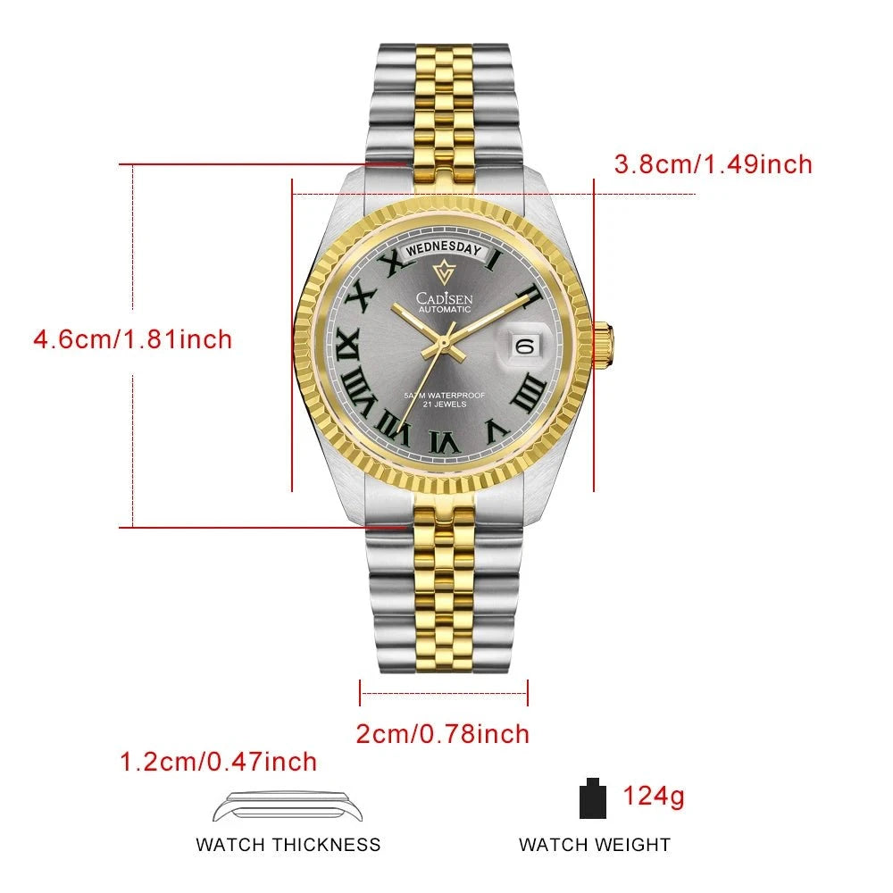 CADISEN DD38 2024 Luxury Men's Automatic Watch – MIYOTA Mechanical Movement, Sapphire Glass, Stainless Steel, Week Display by Luxe Ahmar – Available at LUXE AHMAR