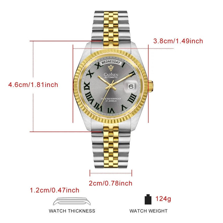 CADISEN DD38 2024 Luxury Men's Automatic Watch – MIYOTA Mechanical Movement, Sapphire Glass, Stainless Steel, Week Display by Luxe Ahmar – Available at LUXE AHMAR