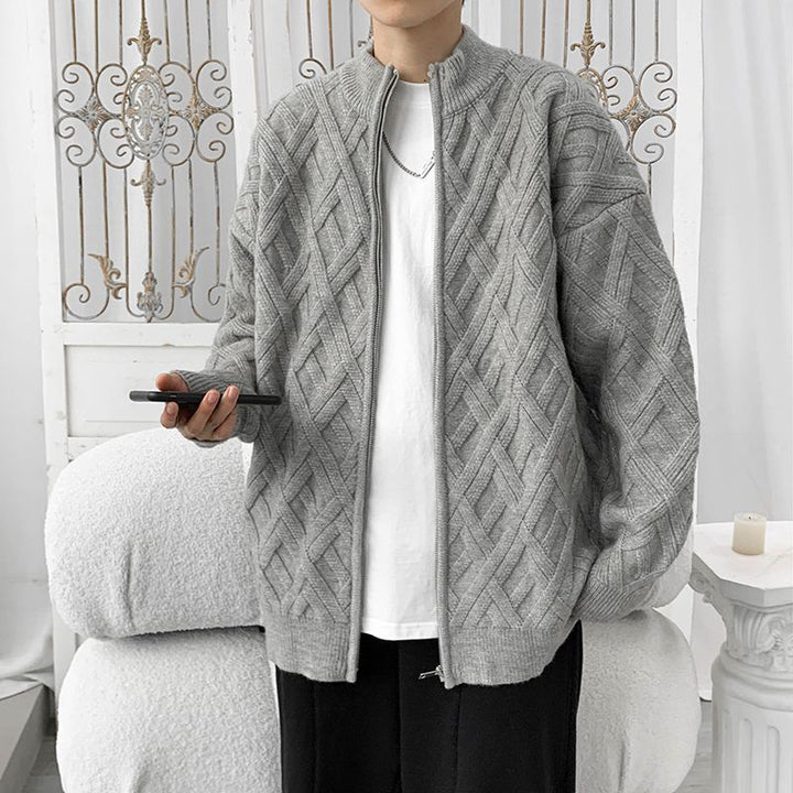 Casual Stand Collar Solid Color Autumn And Winter New Cardigan Cable - knit Sweater Men by LUXE AHMAR – Available at LUXE AHMAR