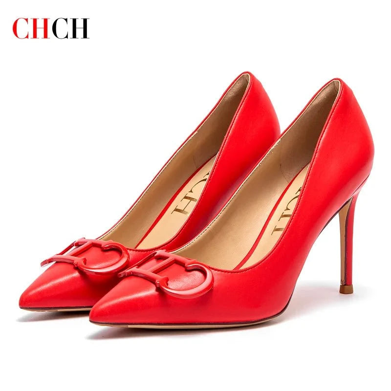 CHCH Women's High Heels – New Pointed Metal Buckle Party Carnival Shoes 9cm Stiletto Heels by Luxe Ahmar – Available at LUXE AHMAR