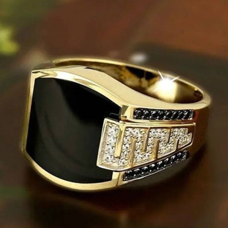 Classic Men's Gold - Tone Ring with Inlaid Black Zircon Stone – Punk Style Luxury Jewelry for Engagements, Weddings, and Fashion by Luxe Ahmar – Available at LUXE AHMAR