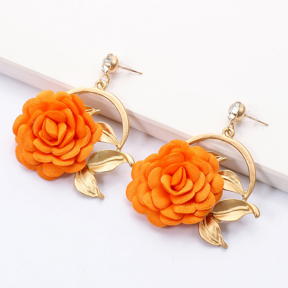 Ear Hanging Cloth Flower Earrings