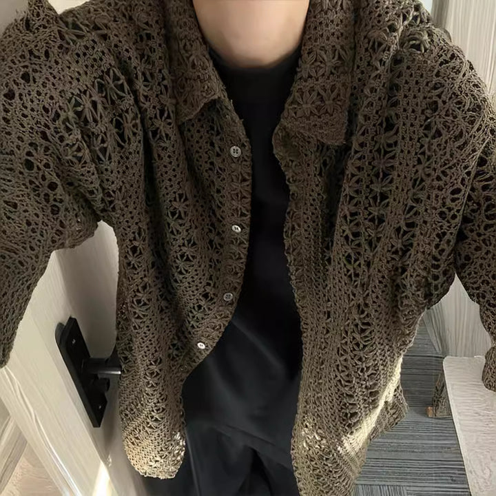 Men’s Retro Hollow-Out Knitted Short Sleeve Cardigan – Summer Loose-Fit Top