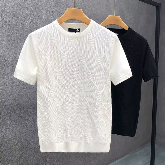 Diamond Lattice White Sweater With Short Sleeves Men's Slim Bottoming Shirt