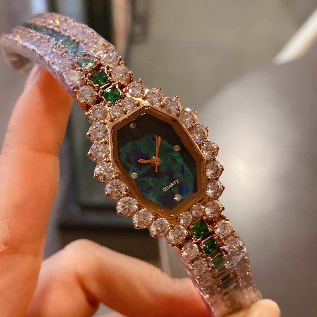 Dial Wine Barrel Type Full Diamond Green Watch by LUXE AHMAR – Available at LUXE AHMAR