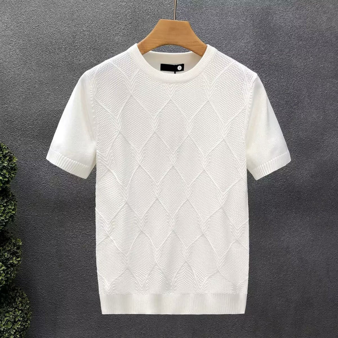 Diamond Lattice White Sweater With Short Sleeves Men's Slim Bottoming Shirt by LUXE AHMAR – Available at LUXE AHMAR