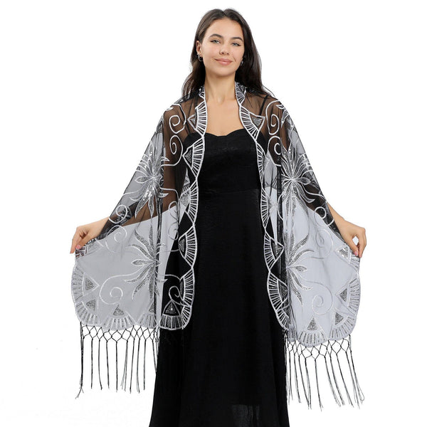 Elegant Embroidered Feather Shawl – Long Sequined Evening Wrap for Women by LUXE AHMAR – Available at LUXE AHMAR