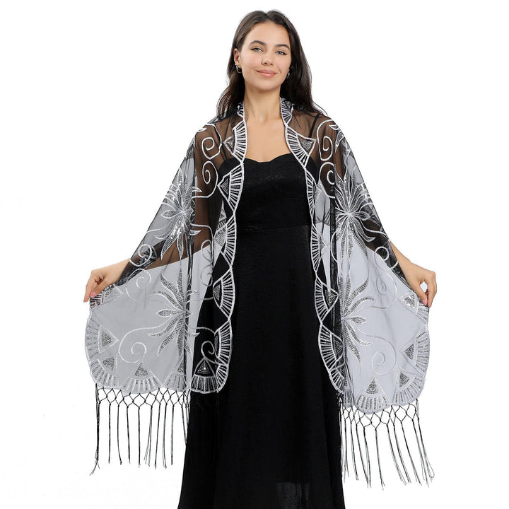 Elegant Embroidered Feather Shawl – Long Sequined Evening Wrap for Women by LUXE AHMAR – Available at LUXE AHMAR
