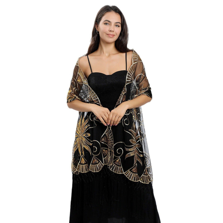 Elegant Embroidered Feather Shawl – Long Sequined Evening Wrap for Women by LUXE AHMAR – Available at LUXE AHMAR