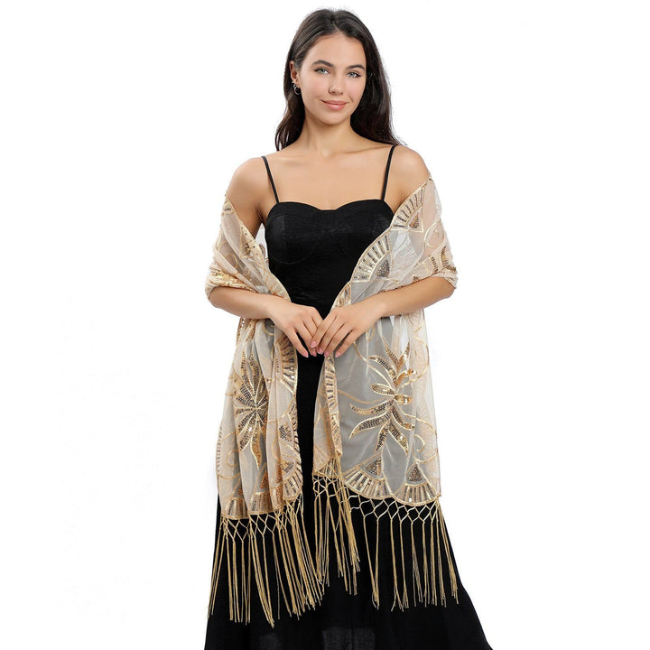 Elegant Embroidered Feather Shawl – Long Sequined Evening Wrap for Women by LUXE AHMAR – Available at LUXE AHMAR
