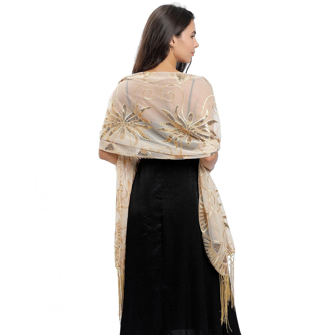 Elegant Embroidered Feather Shawl – Long Sequined Evening Wrap for Women by LUXE AHMAR – Available at LUXE AHMAR