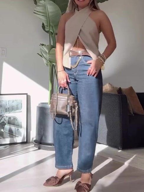 Elegant Khaki Cross Sleeveless Vest – Casual Chic Daily Wear for Women by LUXE AHMAR – Available at LUXE AHMAR