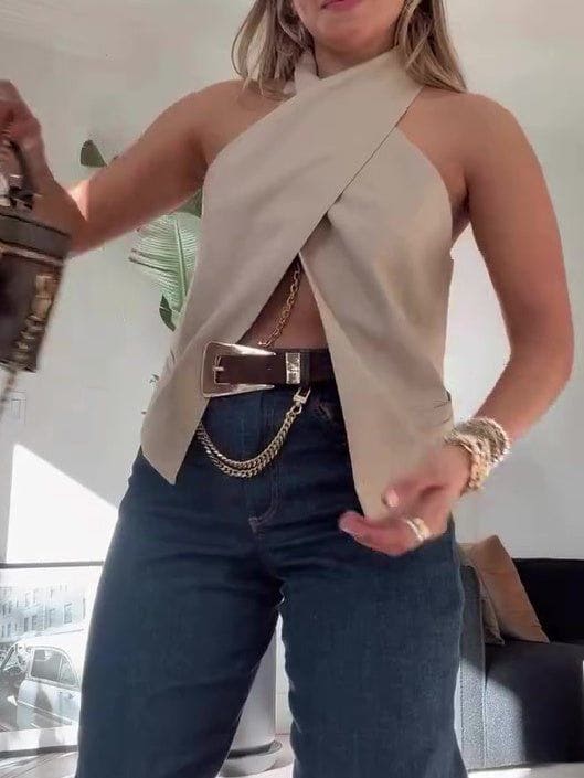 Elegant Khaki Cross Sleeveless Vest – Casual Chic Daily Wear for Women by LUXE AHMAR – Available at LUXE AHMAR