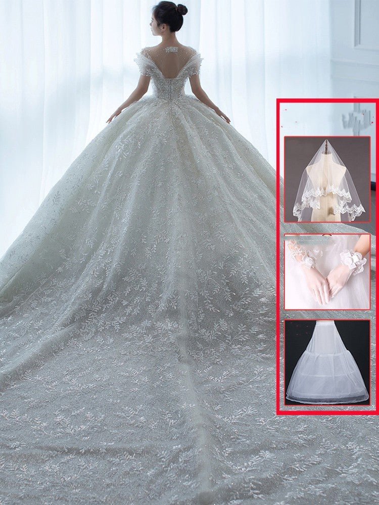 Elegant Off - Shoulder French Lace Wedding Dress – Floor & Tail Options with Multi - Piece Sets by LUXE AHMAR – Available at LUXE AHMAR