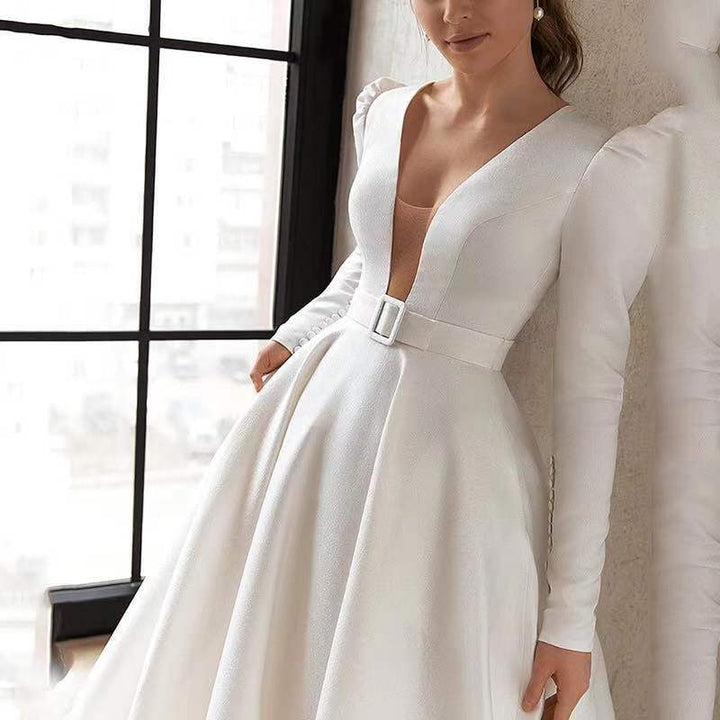 Elegant White Satin Long Dress – French - Inspired Princess Style Gown for Women by LUXE AHMAR – Available at LUXE AHMAR