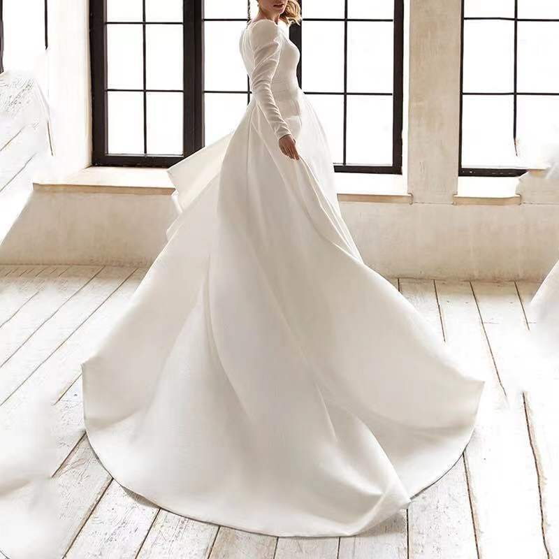 Elegant White Satin Long Dress – French - Inspired Princess Style Gown for Women by LUXE AHMAR – Available at LUXE AHMAR