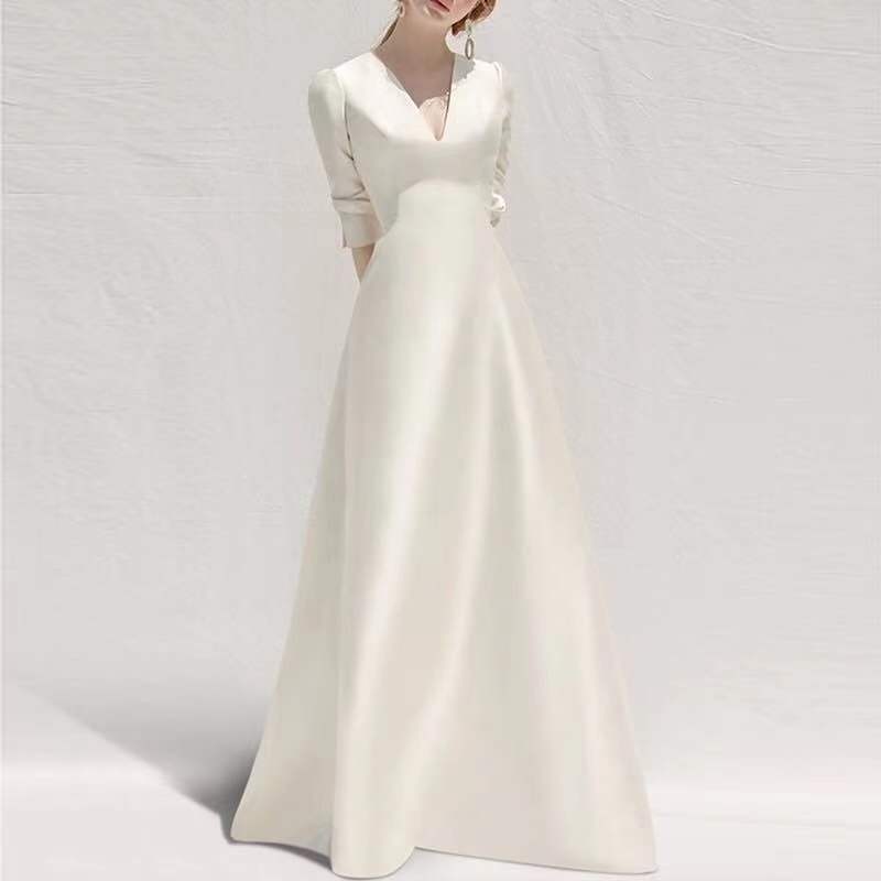 Elegant White Satin Long Dress – French - Inspired Princess Style Gown for Women by LUXE AHMAR – Available at LUXE AHMAR