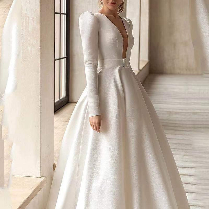 Elegant White Satin Long Dress – French - Inspired Princess Style Gown for Women by LUXE AHMAR – Available at LUXE AHMAR