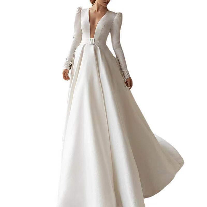Elegant White Satin Long Dress – French - Inspired Princess Style Gown for Women by LUXE AHMAR – Available at LUXE AHMAR