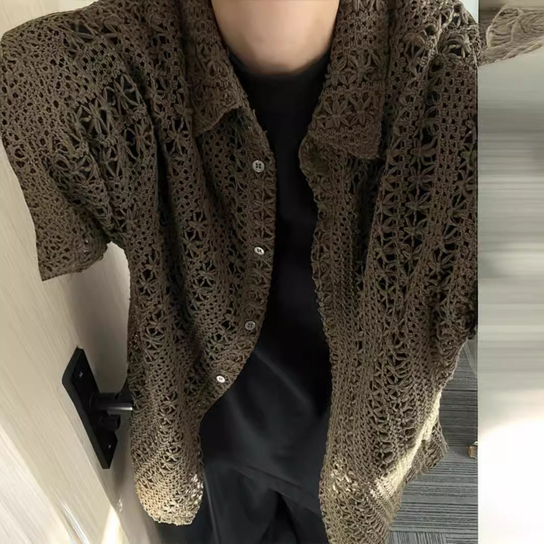 Men’s Retro Hollow-Out Knitted Short Sleeve Cardigan – Summer Loose-Fit Top