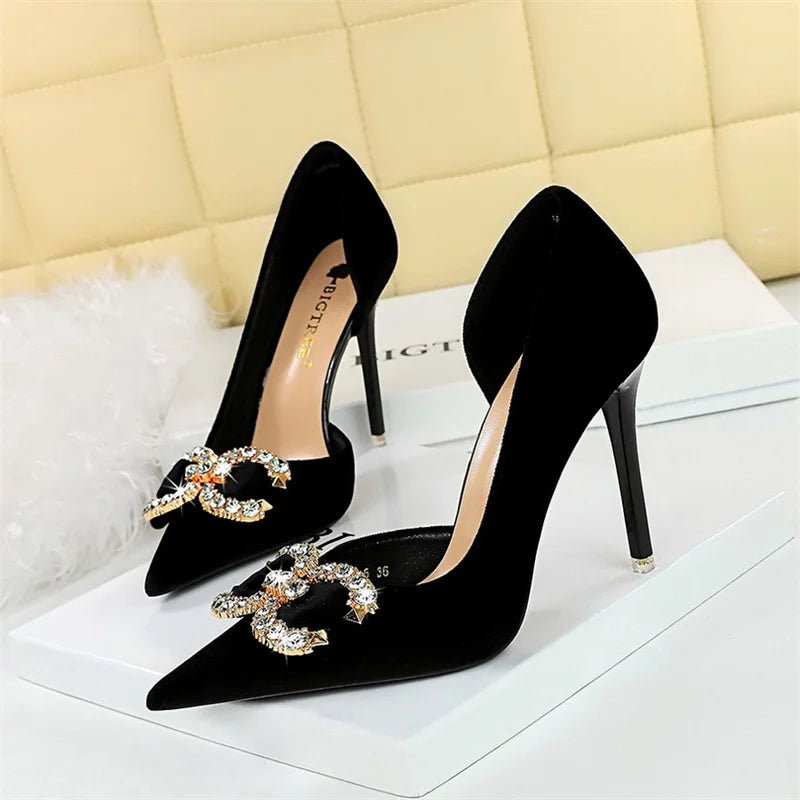 Fashion Women’s High Heel Rhinestone Buckle Bow Pumps – Velvet Green & Pink Pointed Toe, Elegant Wedding & Evening Shoes by Luxe Ahmar – Available at LUXE AHMAR