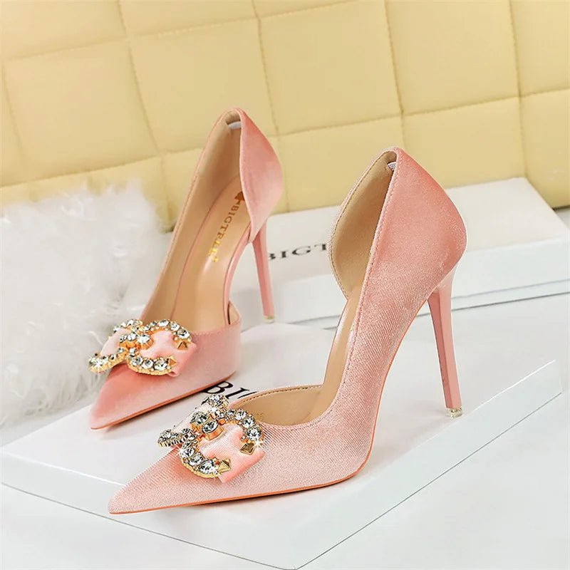 Fashion Women’s High Heel Rhinestone Buckle Bow Pumps – Velvet Green & Pink Pointed Toe, Elegant Wedding & Evening Shoes by Luxe Ahmar – Available at LUXE AHMAR