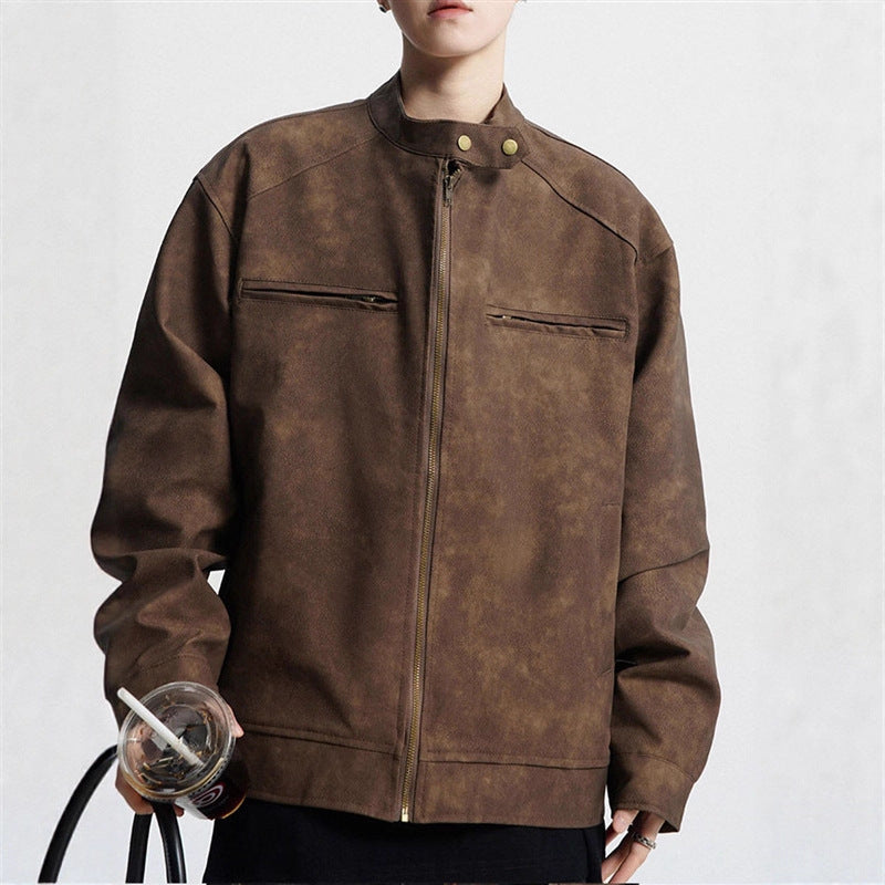 Men’s Vintage Motorcycle Leather Jacket – PU Stand-Up Collar Distressed Coat
