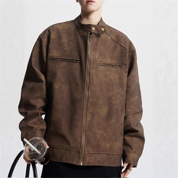 Men’s Vintage Motorcycle Leather Jacket – PU Stand-Up Collar Distressed Coat