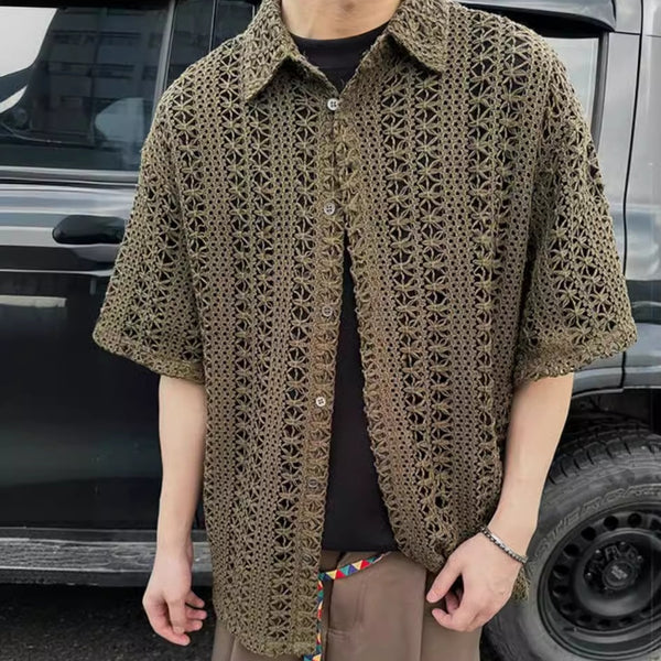Men’s Retro Hollow-Out Knitted Short Sleeve Cardigan – Summer Loose-Fit Top