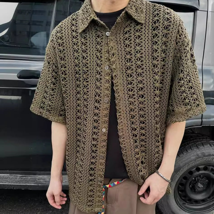 Men’s Retro Hollow-Out Knitted Short Sleeve Cardigan – Summer Loose-Fit Top