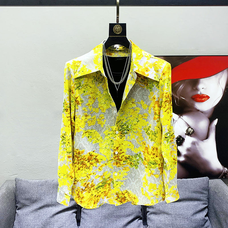 Hawaiian Style Yellow Printed Shirt Men's Loose Drooping Padded Shoulder