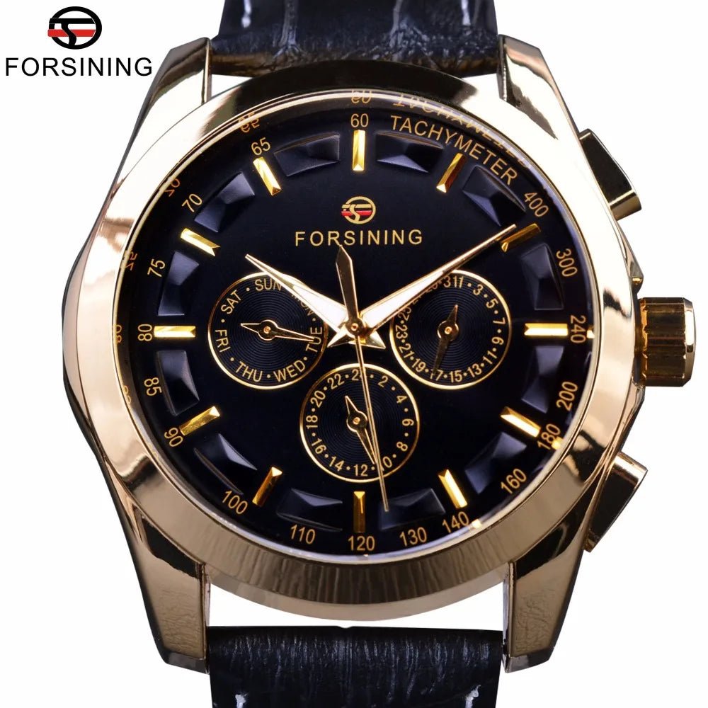Forsining 2017 Retro Luxury Automatic Mechanical Watch for Men – Golden Design with Genuine Leather Strap & Multi - Dial Decoration by Luxe Ahmar – Available at LUXE AHMAR