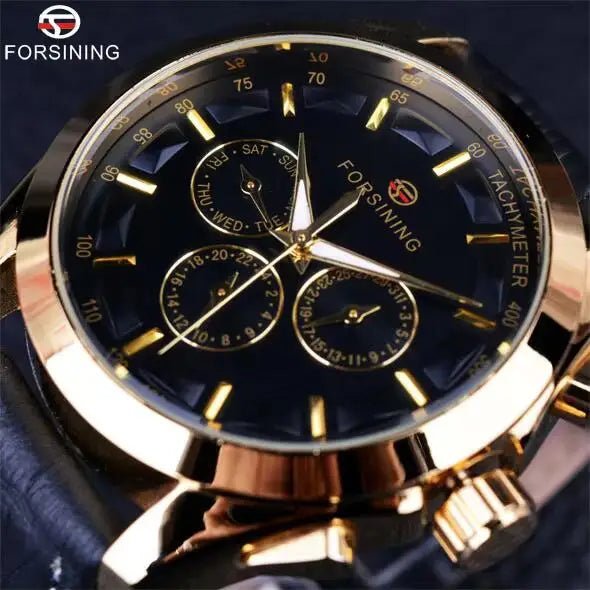 Forsining 2017 Retro Luxury Automatic Mechanical Watch for Men – Golden Design with Genuine Leather Strap & Multi - Dial Decoration by Luxe Ahmar – Available at LUXE AHMAR