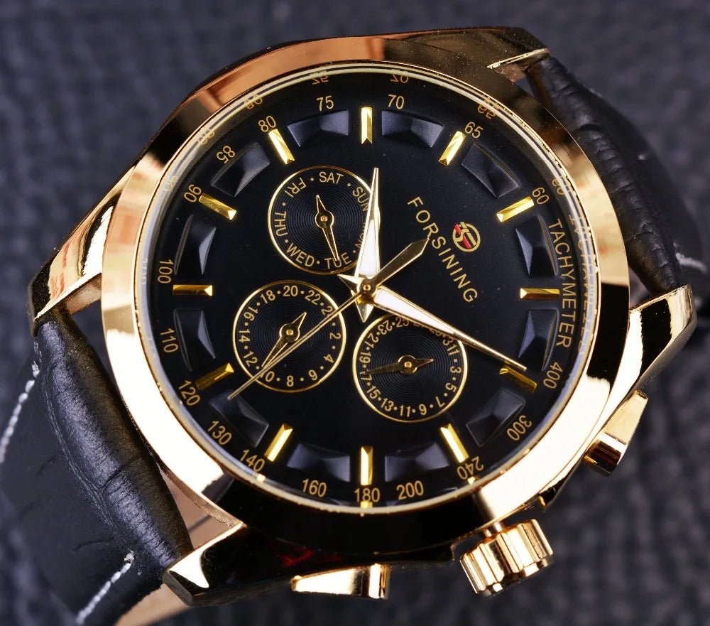 Forsining 2017 Retro Luxury Automatic Mechanical Watch for Men – Golden Design with Genuine Leather Strap & Multi - Dial Decoration by Luxe Ahmar – Available at LUXE AHMAR