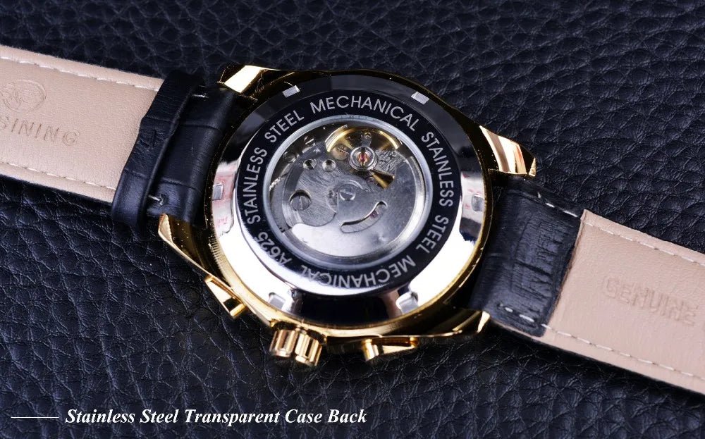 Forsining 2017 Retro Luxury Automatic Mechanical Watch for Men – Golden Design with Genuine Leather Strap & Multi - Dial Decoration by Luxe Ahmar – Available at LUXE AHMAR