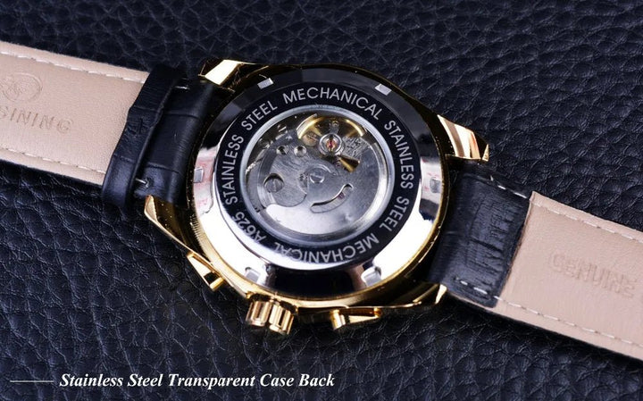 Forsining 2017 Retro Luxury Automatic Mechanical Watch for Men – Golden Design with Genuine Leather Strap & Multi - Dial Decoration by Luxe Ahmar – Available at LUXE AHMAR