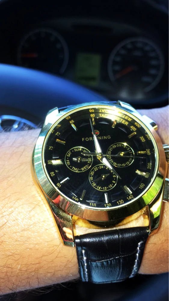 Forsining 2017 Retro Luxury Automatic Mechanical Watch for Men – Golden Design with Genuine Leather Strap & Multi - Dial Decoration by Luxe Ahmar – Available at LUXE AHMAR
