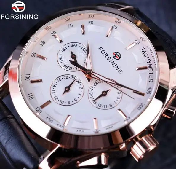 Forsining 2017 Retro Luxury Automatic Mechanical Watch for Men – Golden Design with Genuine Leather Strap & Multi - Dial Decoration by Luxe Ahmar – Available at LUXE AHMAR