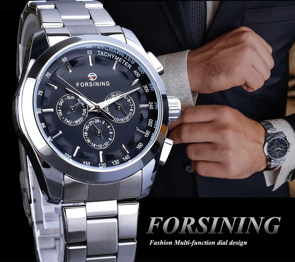 Forsining Business Style Automatic Watch for Men – Black Dial Mechanical Wristwatch with Calendar & Luminous Pointers, Free Shipping to Brazil by Luxe Ahmar – Available at LUXE AHMAR