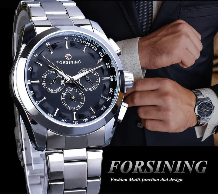 Forsining Business Style Automatic Watch for Men – Black Dial Mechanical Wristwatch with Calendar & Luminous Pointers, Free Shipping to Brazil by Luxe Ahmar – Available at LUXE AHMAR