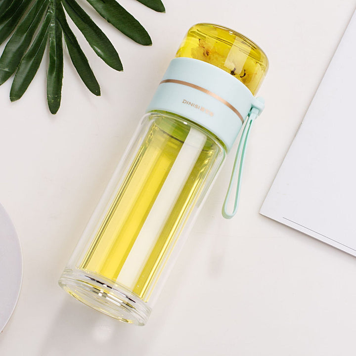 Glass Tea Infuser Water Bottle – Leakproof Double Wall Glass with Stainless Steel Filter & Tea Separation | 400ml–450ml Heat - Resistant Bottle by LUXE AHMAR – Available at LUXE AHMAR