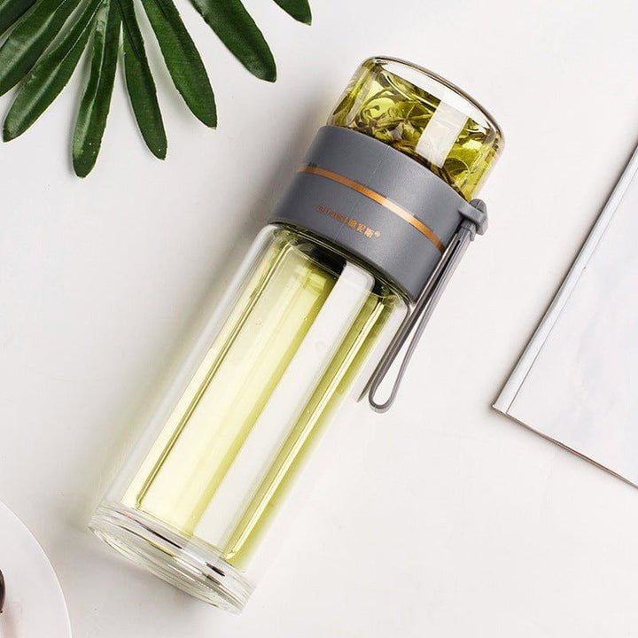 Glass Tea Infuser Water Bottle – Leakproof Double Wall Glass with Stainless Steel Filter & Tea Separation | 400ml–450ml Heat - Resistant Bottle by LUXE AHMAR – Available at LUXE AHMAR