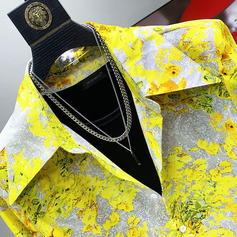 Hawaiian Style Yellow Printed Shirt Men's Loose Drooping Padded Shoulder by LUXE AHMAR – Available at LUXE AHMAR