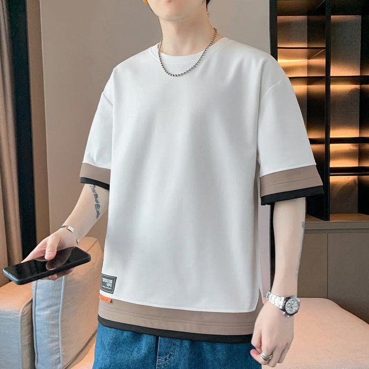 Japanese Style Color Block Fake Layered Short Sleeve T-Shirt – Oversized Streetwear Look by LUXE AHMAR – Available at LUXE AHMAR