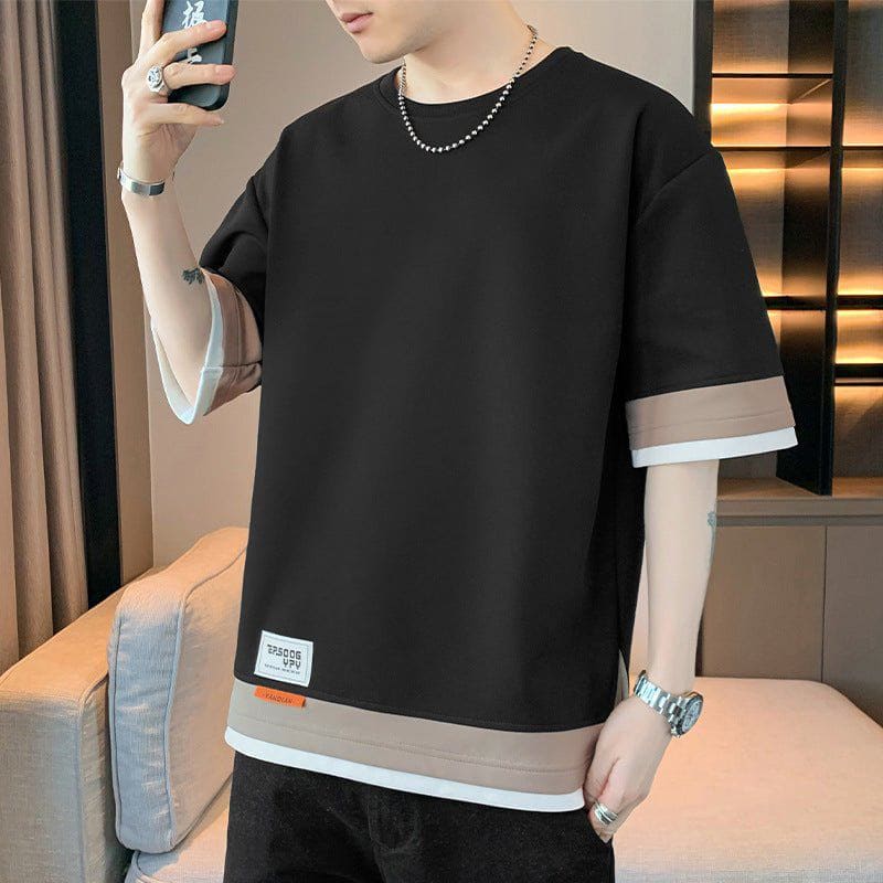 Japanese Style Color Block Fake Layered Short Sleeve T-Shirt – Oversized Streetwear Look by LUXE AHMAR – Available at LUXE AHMAR