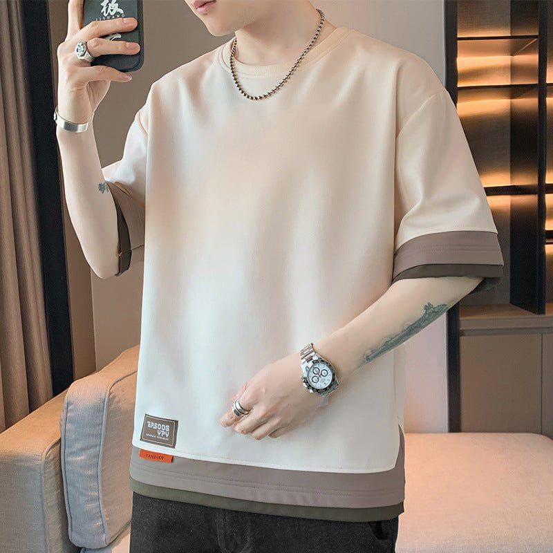 Japanese Style Color Block Fake Layered Short Sleeve T-Shirt – Oversized Streetwear Look by LUXE AHMAR – Available at LUXE AHMAR