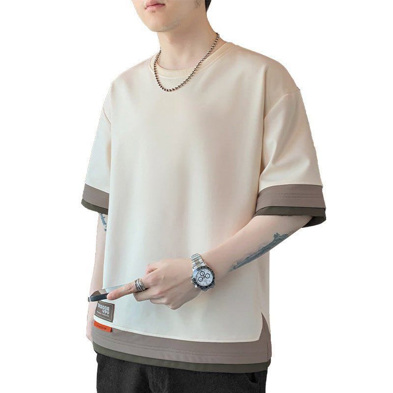 Japanese Style Color Block Fake Layered Short Sleeve T-Shirt – Oversized Streetwear Look by LUXE AHMAR – Available at LUXE AHMAR
